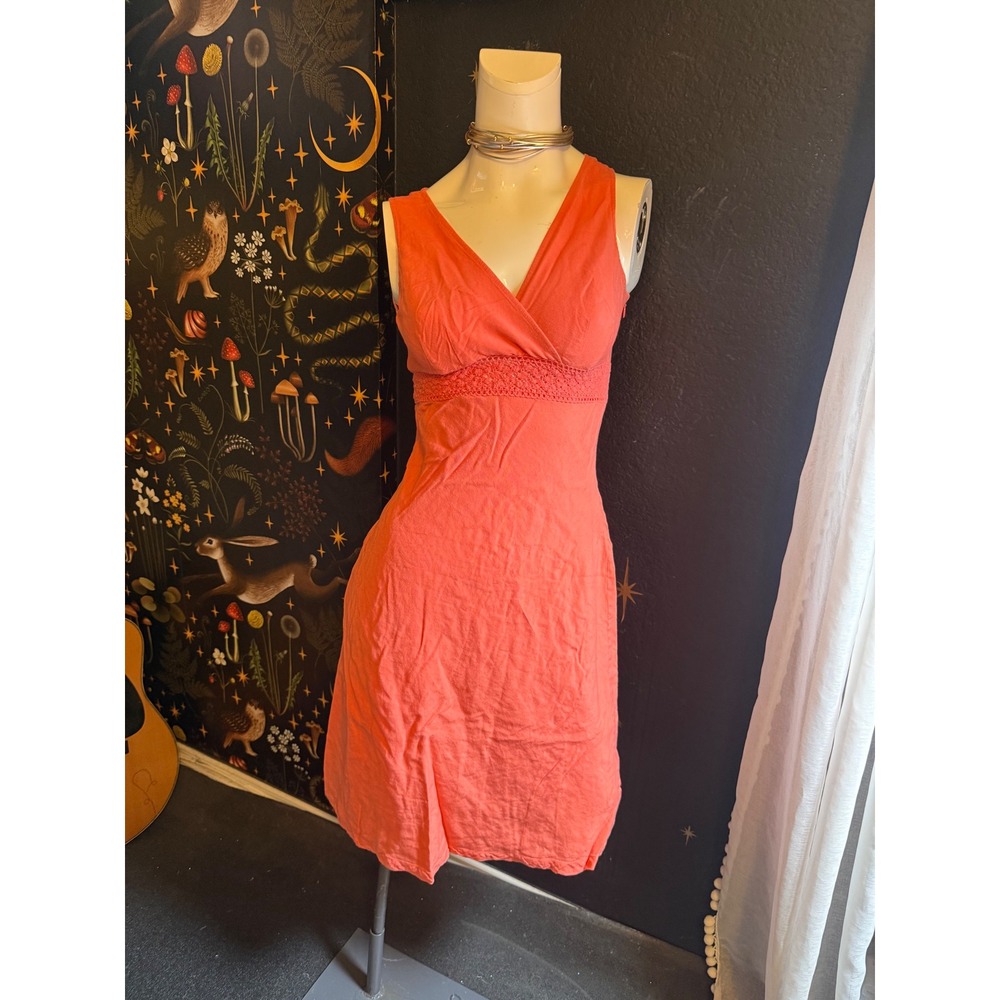 New York & Company Coral Pink Linen Blend Crochet Waist V-Neck Dress Size 2